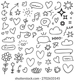 A cute collection of hand drawn doodles featuring hearts stars clouds flowers notes and decorative icons.