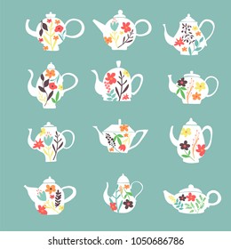 Cute collection of hand drawn teapots. Vector illustration.