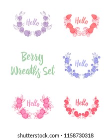 Cute collection of hand-drawing different botanical wreaths. Floral wreaths with different berries with leaves isolated on white background. Nature design vector elements for decoration.