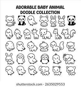 A cute collection of hand-drawn baby animals including cats, dogs, pandas, birds, elephants, giraffes, and more. Perfect for stickers, kids' products, nursery decor, and more.