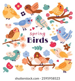 A cute collection of hand-drawn spring birds and floral elements. Includes colorful birds, blossoms, branches, leaves, and decorative accents. Perfect for cards, prints, invitations, seasonal design.