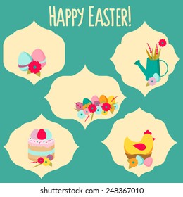 Cute collection of Happy Easter stickers. Vector illustrations of flowers, eggs, chicken. Vintage icons perfect for greeting cards and scrap booking.