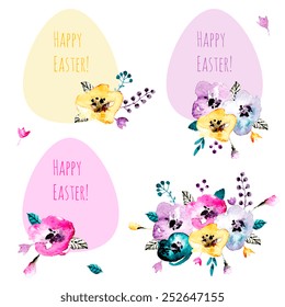 Cute collection of Happy Easter stickers with watercolor elements. Vector illustrations of flowers and eggs. Vintage icons perfect for greeting cards and scrap booking. 