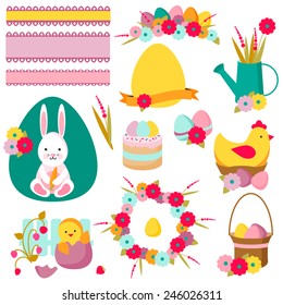 Cute collection of Happy Eater. Vector illustration of flowers, eggs, rabbit, chicken. Vintage set including labels, tags, ribbons and other elements. Perfect for greeting cards and scrap booking.