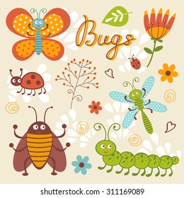 Cute collection of happy little bugs. Vector illustration