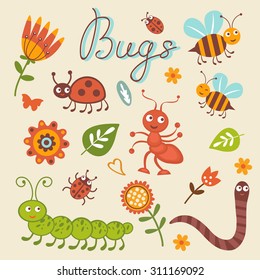 Cute collection of happy little bugs. Vector illustration