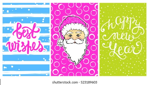 Cute collection with Happy New Year 2017 cards. Set with Best wishes-calligraphy print,cartoon Santa Claus. Beautiful festive decoration for christmas holidays 