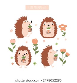 Cute collection of hedgehogs with cactus, flowers and leaves isolated on white background. Vector clipart for kids. Hand drawn illustration.