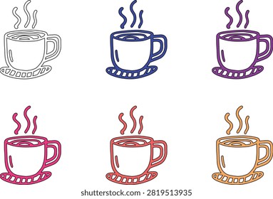 Cute collection of hot beverage cups in bright colors, simple icons, steaming drinks, graphic elements for cafe.