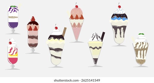 Linda colección de helado. Ilustración vectorial. Chocolate de fresa y arándanos Menú