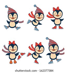 Cute collection of Ice skating penguins 