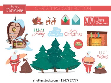 Cute Collection Icons, Stickers, Clip Art Elements for Christmas Decoration. Santa Claus with Bag, House, Fir Trees, Fireplace with Socks, Reindeer Sledge, Envelope Cartoon Flat Vector Illustration