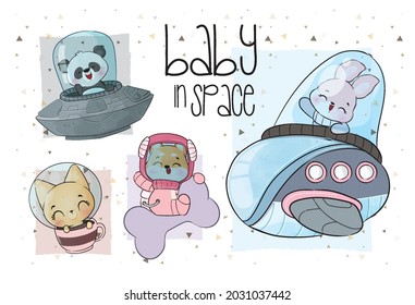 Cute collection illustration set little astronaut  animals: can be used for cards, invitations, baby shower, posters; with white isolated background
