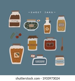 Cute collection of jars with homemade jams, honey, maple syrup. Kiwi, orange, lemon, strawberry, blueberry, cherry jams. Hand drawn cartoon vector illustration. Vintage, retro doodle style. 