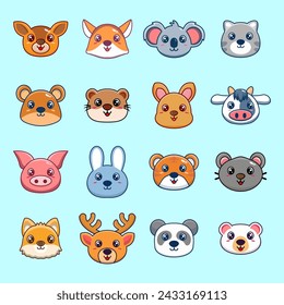 Cute collection of kawaii animals heads by hand drawn style