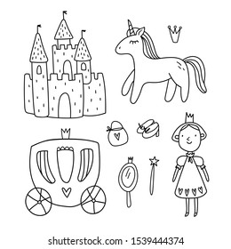 Cute collection kawaii vector set of princess, unicorn, castle and carriage. Illustration fairy tale and design elements. Concept fantasy characters for children book, coloring book, sticker, postcard