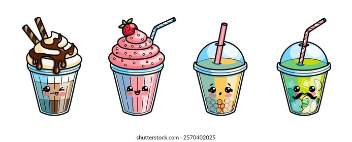 A cute collection of kawaii-style drinks, each with a funny and cheerful facial expression. It includes a milkshake, bubble tea, moccachino and refreshing lemonade in bright pastel tones. 