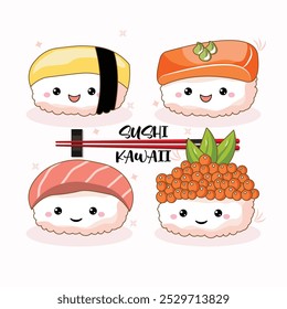 A cute collection of kawaii-style sushi with smiling faces in vector illustration. Featuring traditional Japanese dishes with a cute and whimsical touch.