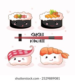 A cute collection of kawaii-style sushi with smiling faces. Food cartoon character in vector. 