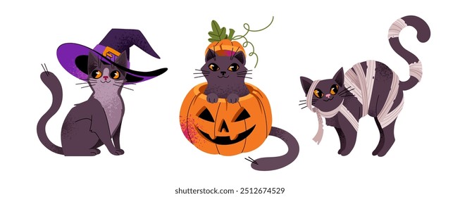 Linda colección de Gatito en disfraces de Halloween bruja, momia y calabaza. Personajes animales de otoño para decoración, estampados, portada.