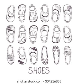 Cute collection of little girls shoes. Illustration in vector format