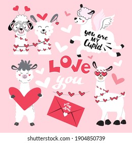 Colección delicada con llamas y corazones. Pareja para el día de San Valentín. Inscripción Te quiero en un fondo rosado. Ilustración vectorial de animales graciosos de dibujos animados. Conjunto de etiquetas