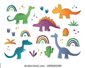 Cute collection with lovely dinosaurs characters. Dino colorfull print for kids decor. Vector illustration set.