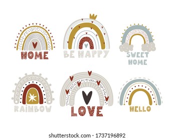 cute collection magic rainbow for design of a child’s room, children’s poster. printing on fabric and paper. stars and heart. made with love. Vector graphics