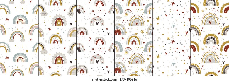 cute collection magic rainbow for design of a child’s room, children’s poster. printing on fabric and paper. stars and heart. made with love. Vector graphics