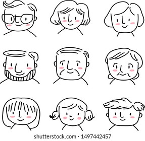 Cute collection of man and woman, elderly man and woman, girls and boys with happy faces for using as user icons, profile pictures or avatars in social network. Doodle face icons. Outline vector.