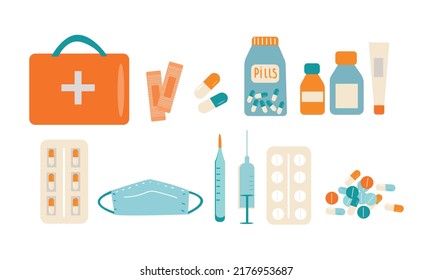 Cute collection of medical items for first aid. Bundle of doctor, treatment of diseases, drugs vitamins, medical items. Healthcare objects. Vector illustration. 