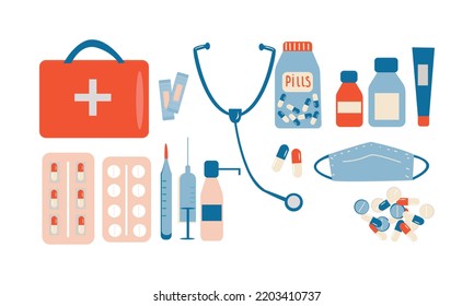 Cute collection of medical items for first aid. Bundle of doctor, treatment of diseases, drugs vitamins, medical items. Healthcare objects. Vector illustration.