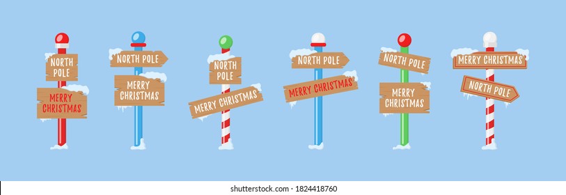 Cute collection of North Pole signs or Christmas. Set of wooden street signs in the snow, winter pointers in flat style. Winter holiday xmas symbol, cartoon banner. Vector illustration, eps 10.