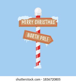 Cute collection of North Pole signs or Christmas. Set of wooden street signs in the snow, winter pointers in flat style. Winter holiday xmas symbol, cartoon banner. Vector illustration, eps 10.