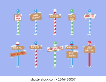 Cute collection of North Pole signs or Christmas. Set of wooden street signs in the snow, winter pointers in flat style. Winter holiday xmas symbol, cartoon banner. Vector illustration, eps 10.