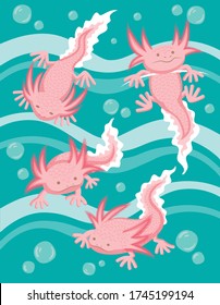 Cute Collection  pink ajolote with jade background. Vector illustration in a cartoon style.