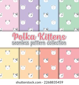 Cute collection of polka dot kitten face seamless pattern