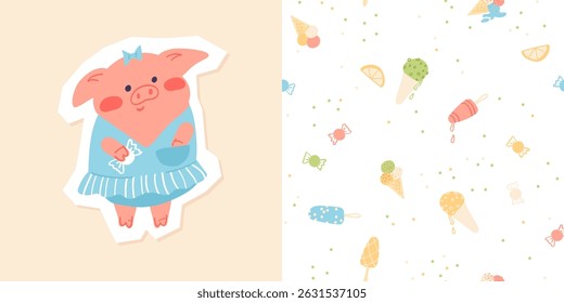 Cute collection with print cartoon animal and seamless pattern. Vector fruit and ice cream background in simple style. Adorable pig design element.