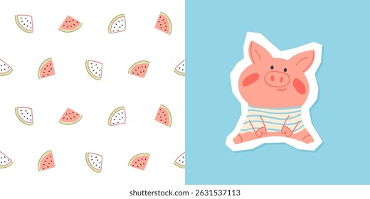 Cute collection with print cartoon animal and seamless pattern. Vector watermelon background in simple style. Adorable pig design element.