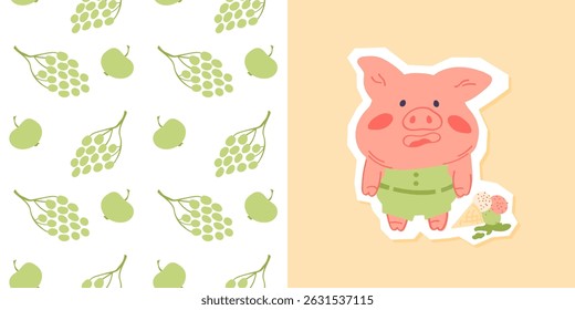 Cute collection with print cartoon animal and seamless pattern. Vector grape and apple background in simple style. Adorable pig design element.