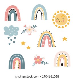 Cute collection with rainbows with flowers. sun and star isolated on white background.  Perfect for baby shower, birthday, childrens party, summer holiday, clothing prints Vector illustration.