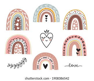 Cute collection with rainbows with hearts, isolated on white background. Perfect for baby shower, birthday, childrens party, summer holiday, clothing prints. Vector illustration.