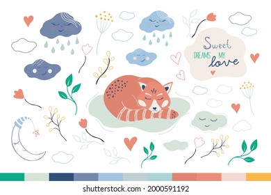 Cute collection with red panda, clouds and plants. Set of vector illustrations in simple hand-drawn style. Ideal for baby nursery decor, baby shower, posters, children's clothing, books, textile.