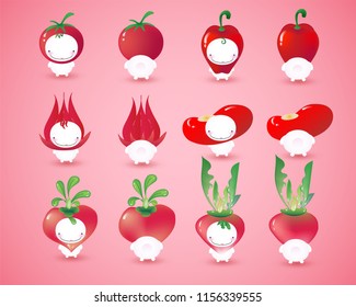 Cute collection of red vegetable cartoon characters, front side and backside of adorable acting of red tomato, sweet pepper, rosella, chili, red bean, beetroot and radish.