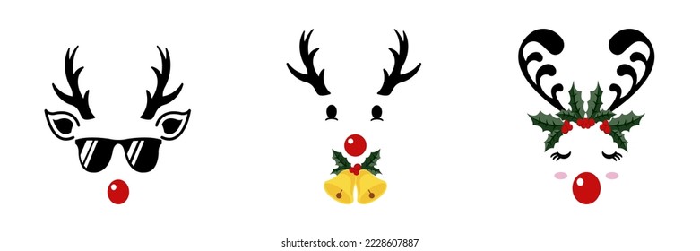 A cute collection of reindeer faces with Christmas characters are isolated on a white background.