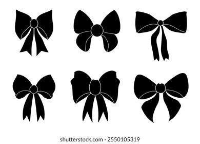 Cute Collection of Ribbon Silhouettes in Hand-Drawn Style. Includes simple bowknots and modern bowtie designs. Ideal for holidays and festive decorations
