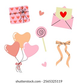 Cute collection of romantic themed items for celebrating love and affection