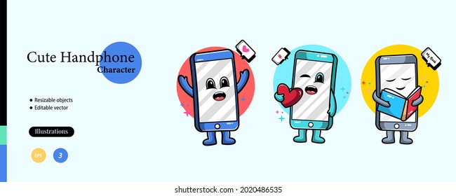 cute collection set mobile phone is reading a book,happy,holding the symbol of love,technology concept,vector eps 10