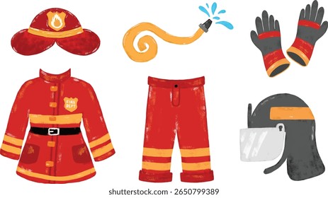 Conjunto de coleção bonito vermelho mão desenhada bombeiro terno casaco uniforme segurança trabalhador elemento doodle crianças desenho animado giz aquarela clipart vetor