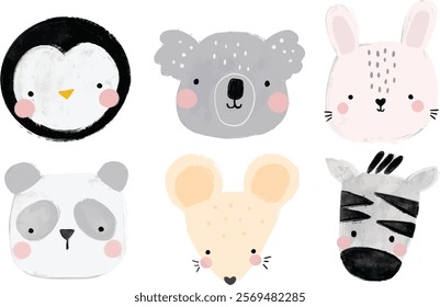 Cute collection set of scandinavian jungle forest animals crayon watercolor illustration png transparent nursery cutout clipart digital planner sticker